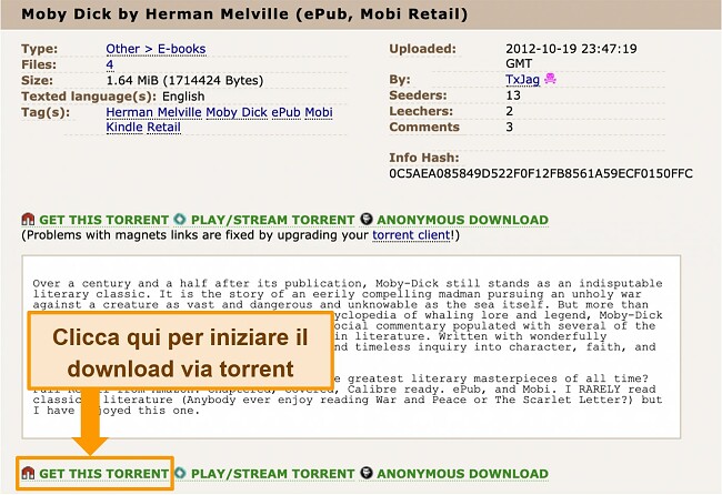 Schermata della pagina di download del torrent su The Pirate Bay