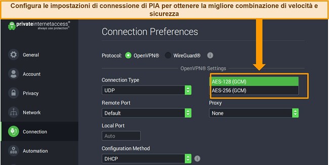 Screenshot dell'app Windows di PIA con Preferenze di connessione aperte e impostazioni di crittografia evidenziate