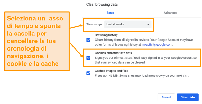 Screenshot della cancellazione della cache e della cronologia di navigazione in Google Chrome