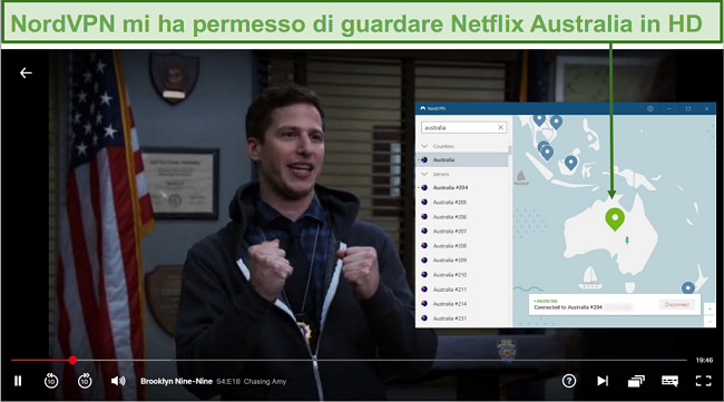 Screenshot di NordVPN che sblocca Netflix Australia durante la riproduzione di Brooklyn Nine-Nine