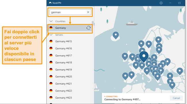 Screenshot della selezione del server NordVPN Germania