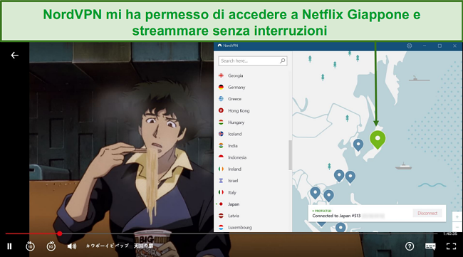 Screenshot di NordVPN che sblocca Netflix Japan durante la riproduzione di Cowboy Bebop