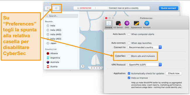 Screenshot della disabilitazione di CyberSec sull'app NordVPN