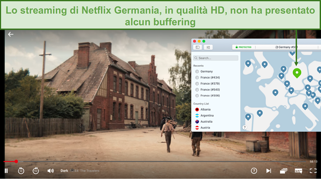 Screenshot di NordVPN che sblocca Netflix Germany durante la riproduzione di Dark