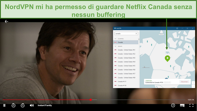 Screenshot di NordVPN che sblocca Netflix Canada durante la riproduzione di Instant Family