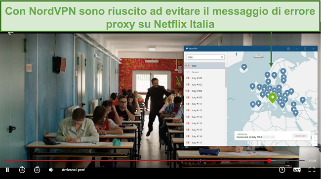 Screenshot di NordVPN che sblocca Netflix Italia durante la riproduzione di Arrivano i Prof