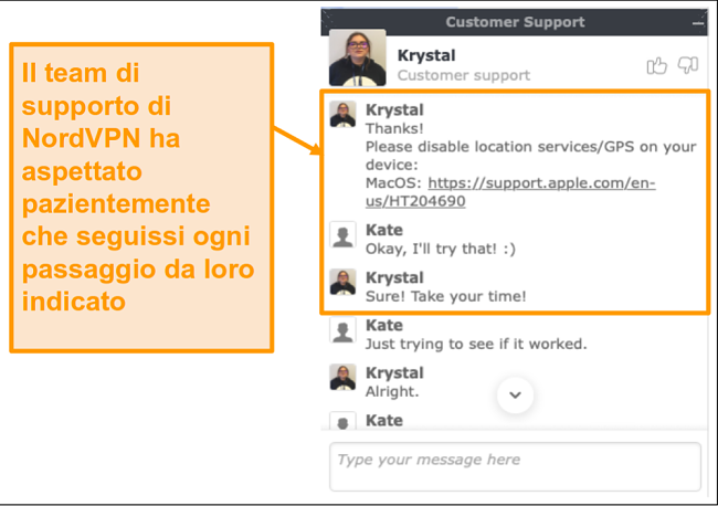 Screenshot della funzione di chat dal vivo dell'assistenza clienti NordVPN