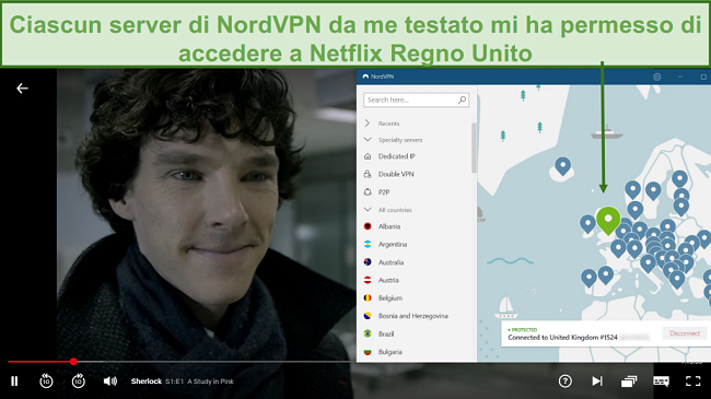 Screenshot di NordVPN che sblocca Netflix UK durante la riproduzione di Sherlock