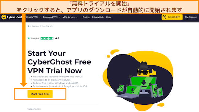 CyberGhost の無料トライアルページのスクリーンショット