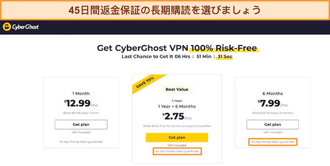 CyberGhost のサブスクリプション プランのスクリーンショット