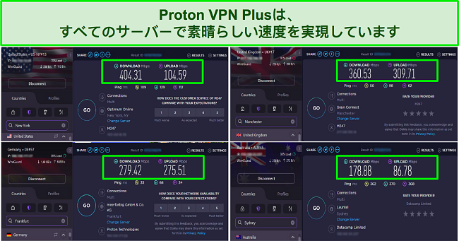 米国、英国、ドイツ、オーストラリアのサーバーを示す Proton VPN 速度テストのスクリーンショット