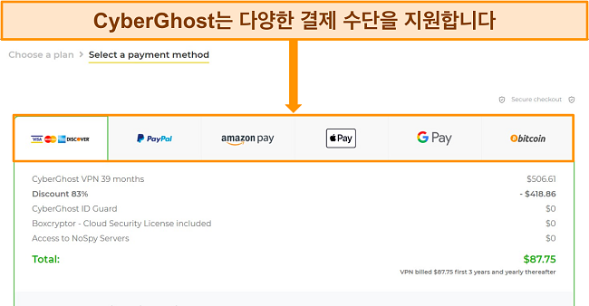 CyberGhost 무료 평가판 받기 결제 방법 선택