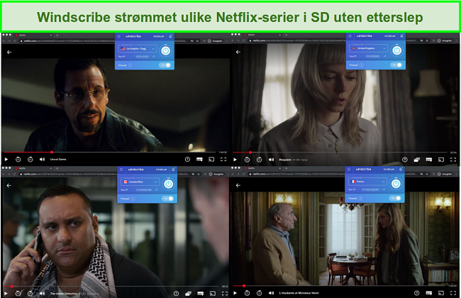 Skjermbilder av Windscribe med tilgang til Netflix USA, Storbritannia, Canada og Frankrike