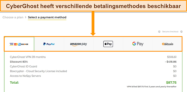 Screenshot van de betaalmethoden van CyberGhost.