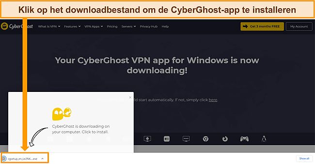 Screenshot van de CyberGhost-app die wordt gedownload naar een Windows-apparaat.