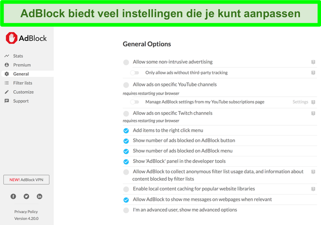 Schermafbeelding met de vele aanpassingsopties van AdBlock