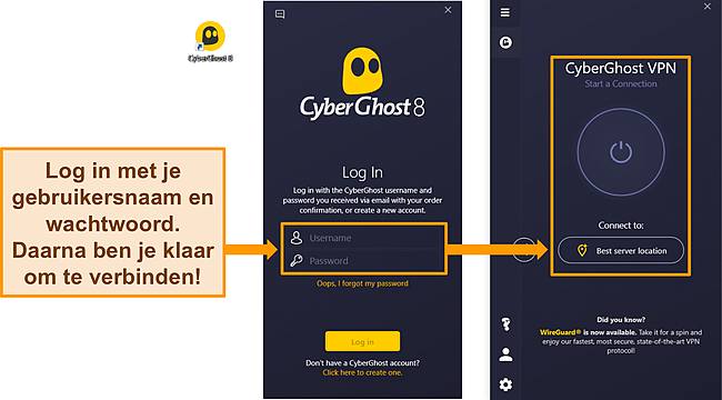 Screenshot van de Windows-app van CyberGhost met de gebruikersnaam en het wachtwoord gemarkeerd.