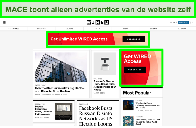 Screenshot van MACE die de meeste advertenties op een bedrade website blokkeert