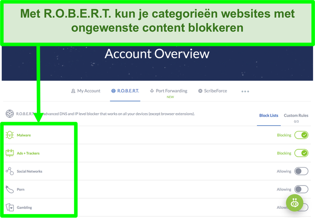 Schermafbeelding van de instellingenpagina van Winscribe met opties om advertenties, malware en categorieën websites te blokkeren