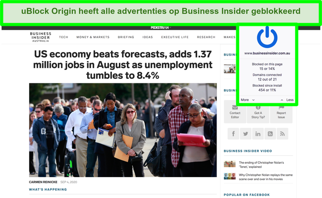 Screenshot van uBlock Origin die alle advertenties op Business Insider blokkeert