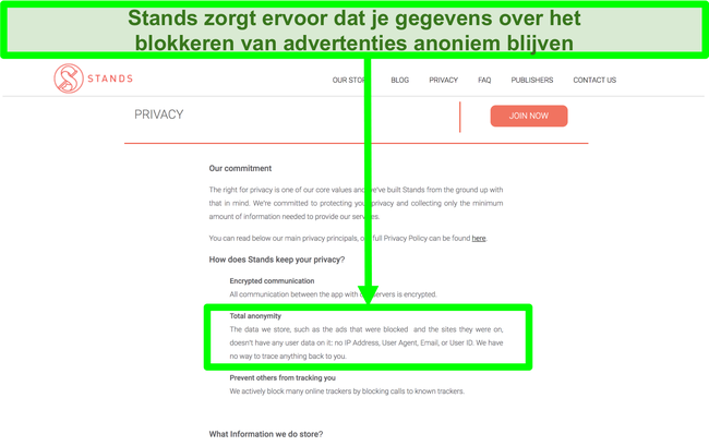 Screenshot van de website van Stands waarin staat dat de gegevens die het heeft over geblokkeerde advertenties nooit zijn gekoppeld aan de persoonlijke informatie van gebruikers