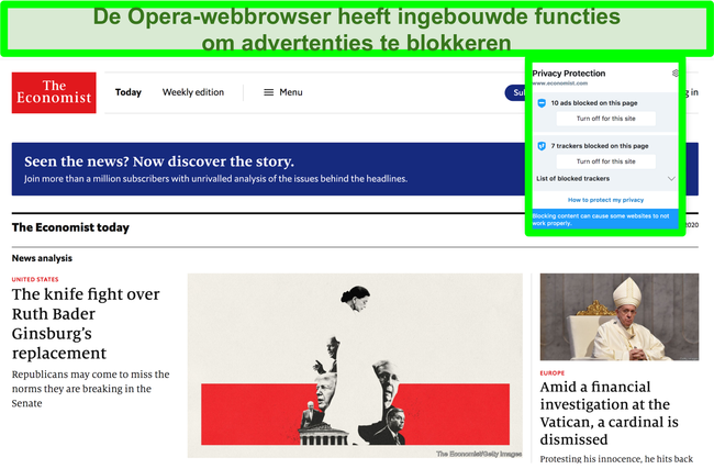 Schermafbeelding van de ingebouwde adblocker van Opera Brower die advertenties verwijdert van de TechCrunch-website