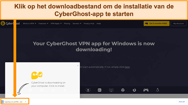 Screenshot van de CyberGhost-app die wordt gedownload naar een Windows-apparaat.