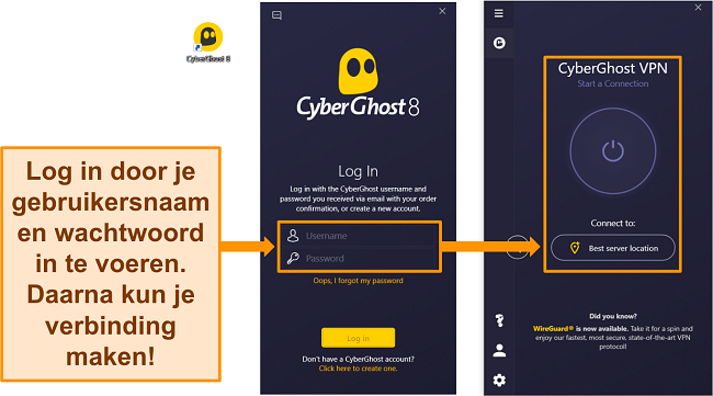 Screenshot van de Windows-app van CyberGhost met de gebruikersnaam en het wachtwoord gemarkeerd.