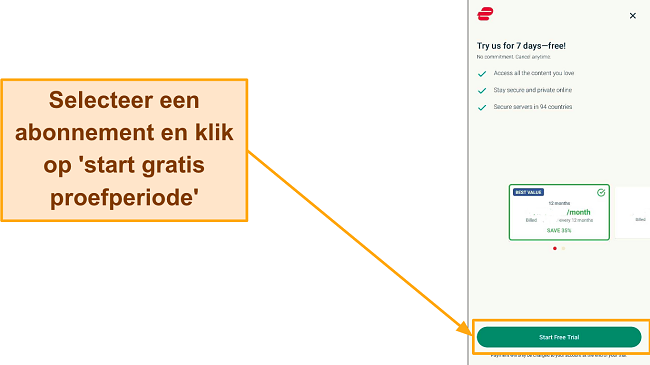 Screenshot van de abonnementsselectiepagina met de knop 