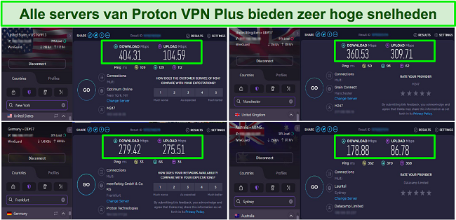 Screenshot van Proton VPN-snelheidstests met servers in de VS, het VK, Duitsland en Australië