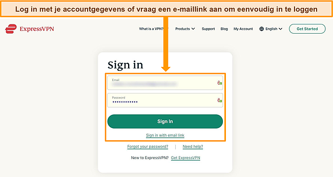 Screenshot van de inlogpagina van ExpressVPN.