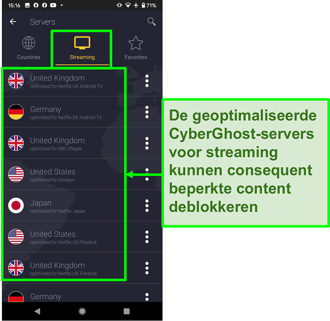 Screenshot van de voor streaming geoptimaliseerde servers van CyberGhost