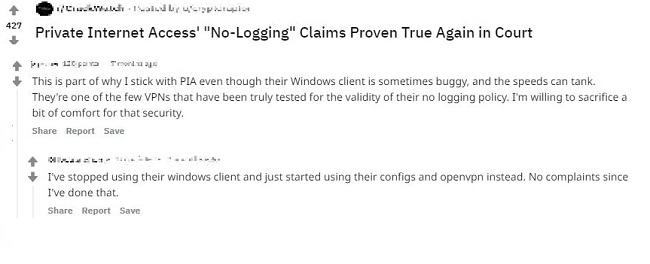 Screenshot of PIA's positive user review comments on Reddit about the validity of PIA's no-logging policy
