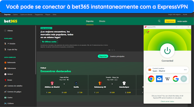 Zrzut ekranu strony bet365 z ExpressVPN podłączonym do serwera w Hiszpanii