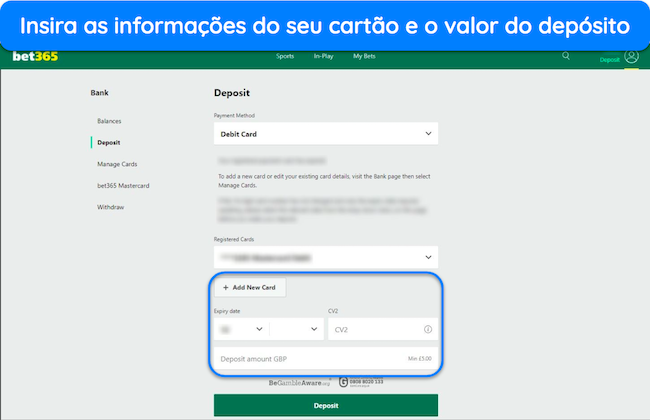 Zrzut ekranu strony depozytu środków w bet365