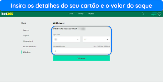 Zrzut ekranu strony wypłaty środków w bet365