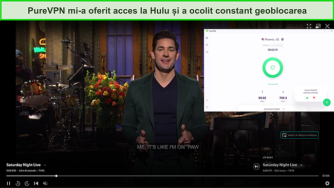 Captură de ecran cu PureVPN care deblochează Hulu.