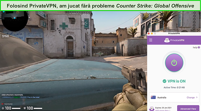 Captură de ecran a meciului Counter-Strike în timp ce PrivateVPN este conectat la un server din Australia.