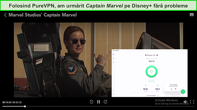 Captură de ecran cu PureVPN care deblochează Disney+.