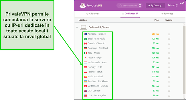 Captură de ecran a meniului serverului IP dedicat VPN privat în Windows.