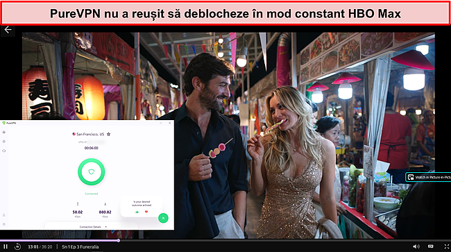 Captură de ecran cu PureVPN care deblochează HBO Max.