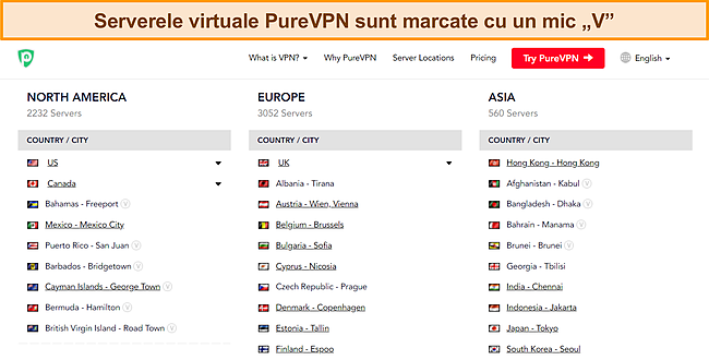 Captură de ecran a listei complete de servere PureVPN care arată simbolul „v” care indică un server virtual.