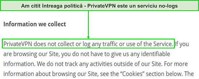 Captură de ecran a politicii de confidențialitate a PrivateVPN pe site-ul său web.