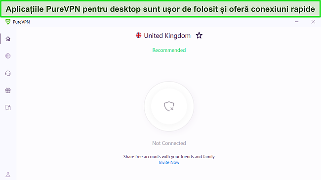 Captură de ecran a aplicației Windows PureVPN care arată interfața sa curată și simplă.