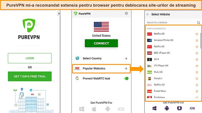 Captura de ecran a extensiei de browser PureVPN este foarte ușor de utilizat, astfel încât să vă puteți conecta imediat.