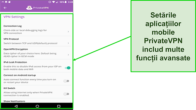 Captură de ecran a meniului de setări PrivateVPN în Android.