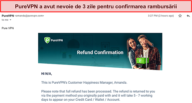 Captură de ecran a răspunsului prin e-mail din partea echipei de facturare PureVPN care confirmă o solicitare de rambursare.