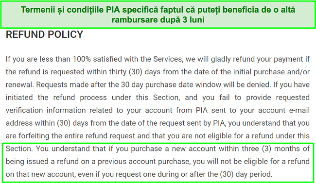 Captură de ecran a politicii de rambursare a PIA