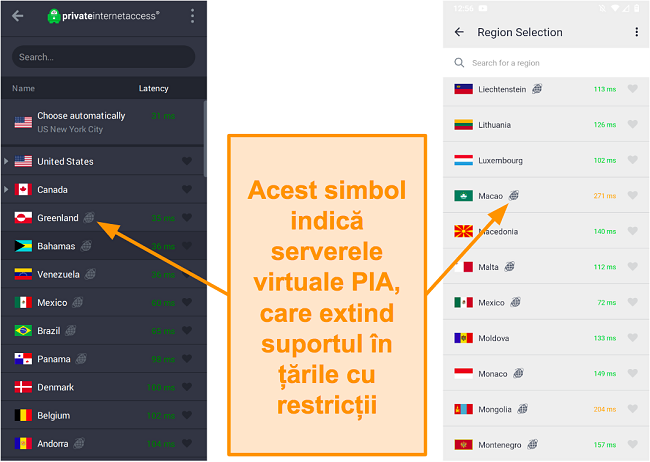 Captură de ecran a clientului desktop PIA și a programului Android, care arată serverele geolocate