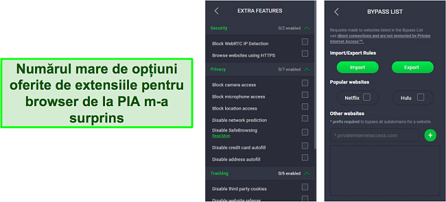 Captură de ecran a setărilor extensiei de browser PIA VPN.